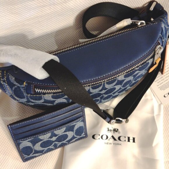 Coach Deep Blue Signature Denim Belt Bag & Card Wallet Double Bundle, NWT - Picture 5 of 9